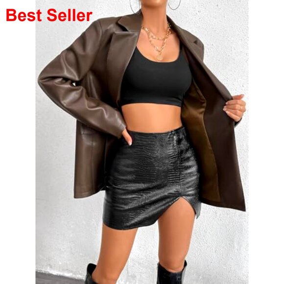 Faux Leather Blazer Jacket Moto Biker Coat Long Sleeves Button Fashion - Picture 4 of 6